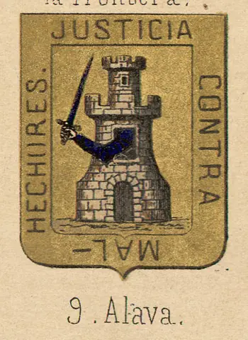Grabado en color de las armas de Álava, con una torre sobre una roca, un brazo con espada y un lema, en la obra «Trofeo heroico» (1860).