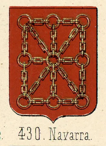 Grabado en color de las armas de Navarra, con cadenas de oro sobre campo de gules, en la obra «Trofeo heroico» (1860).