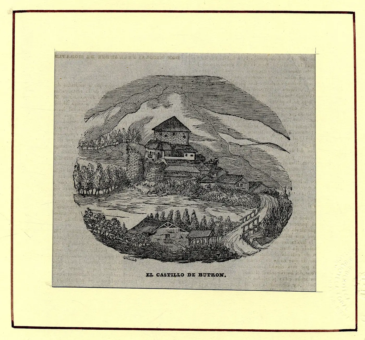El castillo de Butrón en un grabado de J. Castilla de 1842, estampa del Semanario Pintoresco Español.
