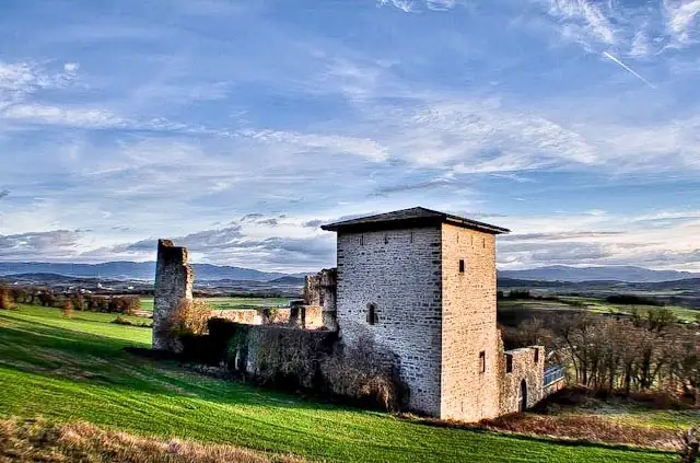 La torre del palacio de Guevara con restos de muros a su lado, sobre la llanura.