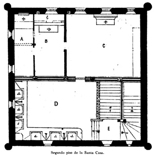 Plano del segundo piso de la Santa Casa de Loiola, con las estancias señaladas con letras.