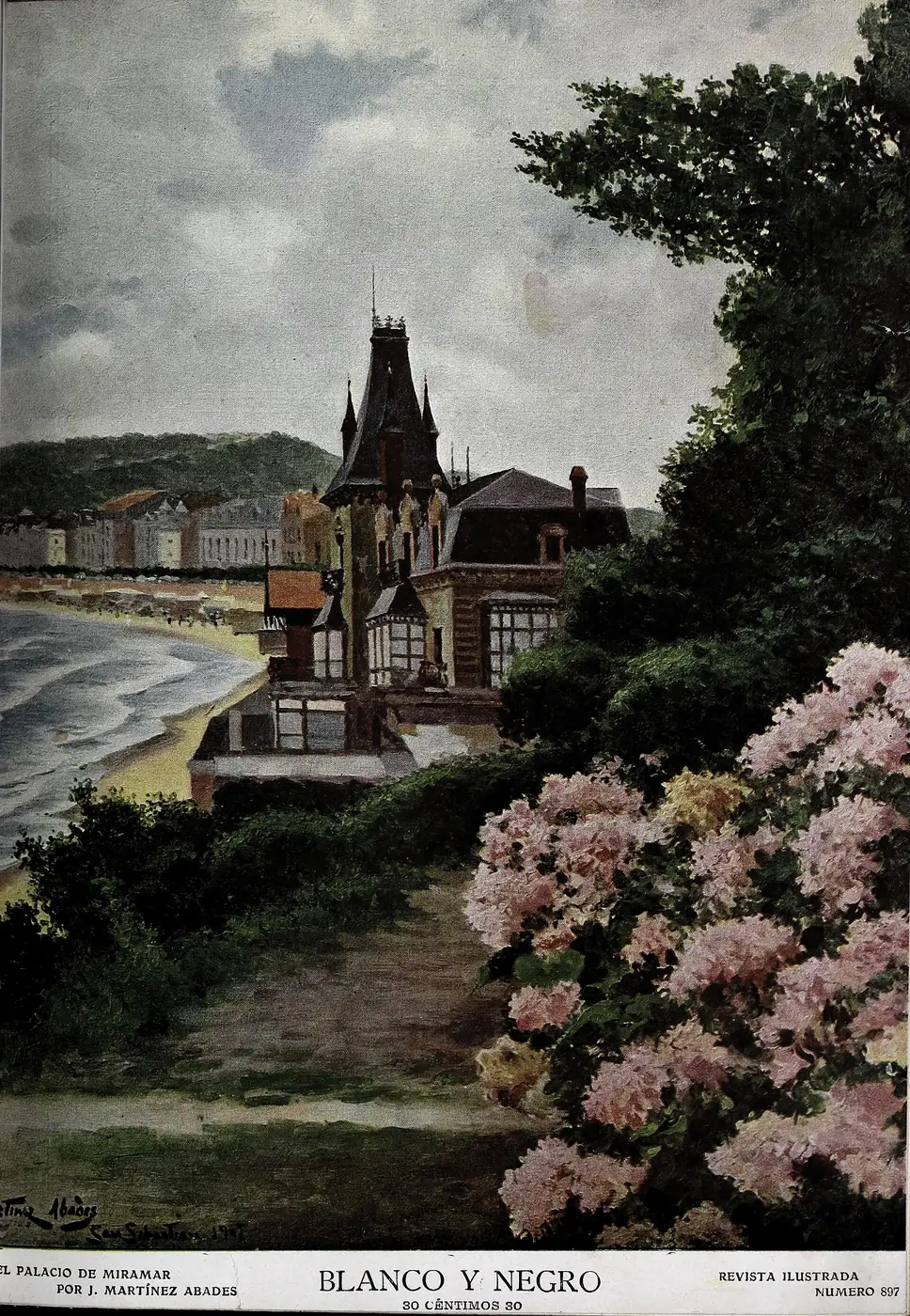 El palacio de Miramar y la bahía en una ilustración de Juan Martínez Abades publicada en Blanco y Negro en 1908.